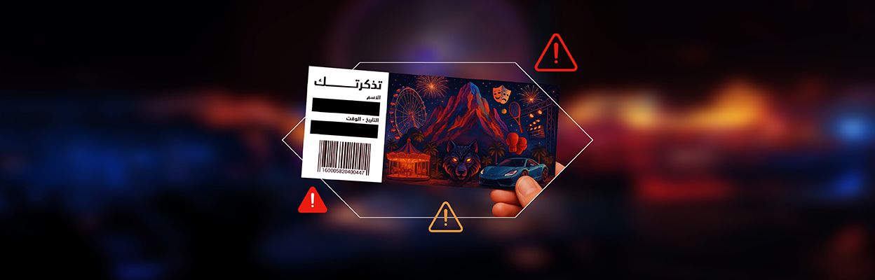 الصورة فيها تذكرة مكتوب عليها "YOUR TICKET" وخلفها رسمة ملونة فيها جبل وملاهي، وحولها رموز تحذير.