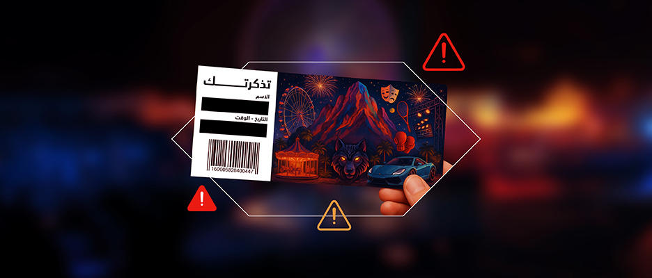 الصورة فيها تذكرة مكتوب عليها "YOUR TICKET" وخلفها رسمة ملونة فيها جبل وملاهي، وحولها رموز تحذير.