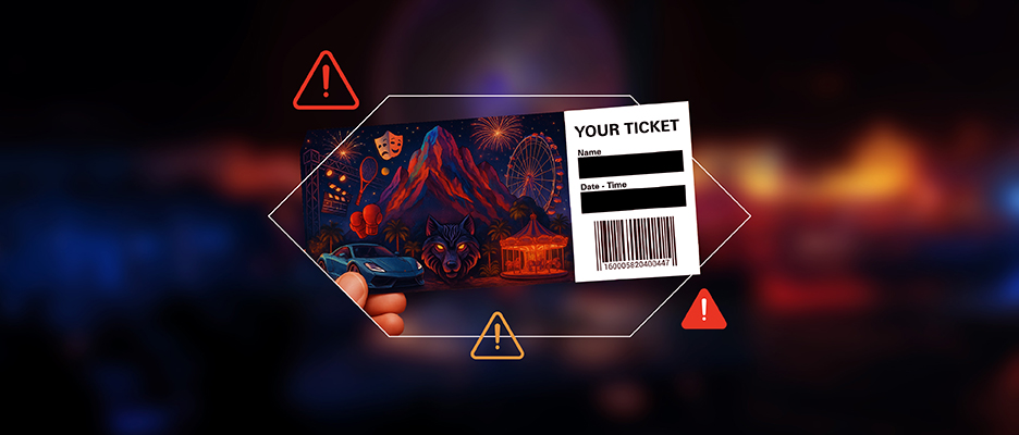 The image shows a ticket labeled "YOUR TICKET" with colorful art of a mountain and rides behind it, surrounded by warning symbols.