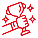 a red color icon showing a hand holding a trouphy with stars around it