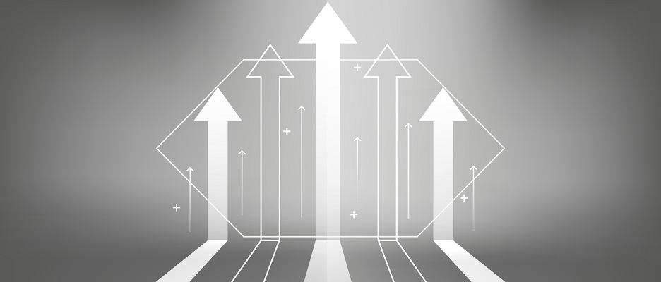 grey color image with white hexagon and arrows going up in white color
