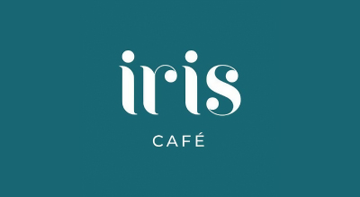 the logo has the store name Iris Cafe written in white color with a green background