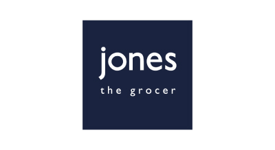 الصورة عبارة عن شعار"Jones the Grocer " مكتوبة باللون الابيض مع خلفيه ازرق غامق 