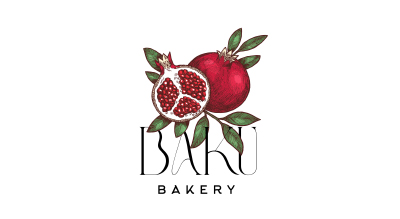 The logo features the name "BAKU BAKERY" with an artistic image of pomegranates and leaves above the text, giving it a fresh, organic feel.