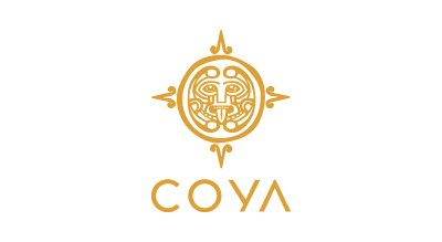 This image displays the logo of "COYA," a high-end restaurant brand. The design features a gold circular emblem with an intricate, tribal-inspired pattern, possibly referencing Incan or South American heritage. Below the emblem