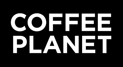 This image displays the logo for "COFFEE PLANET" in bold, holographic letters on a dark background. It likely represents a café, coffee brand, or coffee-related business.