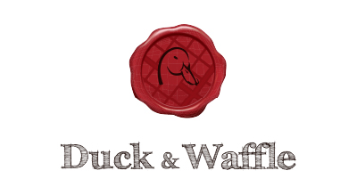 The image features the logo of "Duck & Waffle." The design includes a red wax seal-style icon with a simple line drawing of a duck’s head over a waffle texture. The name “Duck & Waffle” is written below in elegant, serif-style font