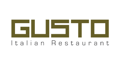 The image shows the logo for GUSTO Italian Restaurant. The design is clean and modern, with a bold and geometric font used for "GUSTO", suggesting a stylish and contemporary Italian dining experience.