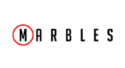 The image shows the word "MARBLES" in bold, uppercase letters on a light background. The letter "M" is circled in red, emphasizing it.