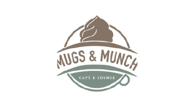 The image displays the logo for a place called "Mugs & Munch Café Lounge." The design features a stylized cup or mug with steam rising from it at the top, symbolizing hot beverages. The name "Mugs & Munch" is written in bold