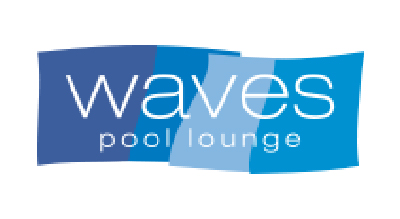 The image shows a logo for "Waves Pool Lounge." The design features the word "waves" in white lowercase letters over a background of overlapping blue shapes, giving a water or wave-like effect. Below "waves," it says "pool lounge" in smaller white letters