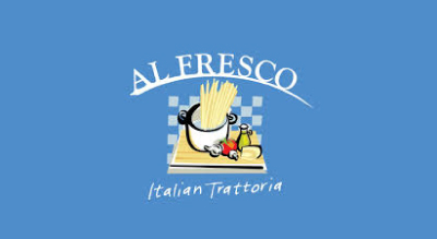 the image shows the logo restaurant called "Al Fresco" with pasta and tomatoes written in blueletters. The background is white