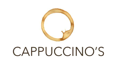 the image shows the logo restaurant called "Cappuccino's " written in blue black letters. The background is white