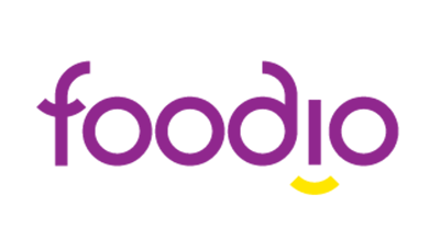 the image shows name of brand Foodio in purple with a white background