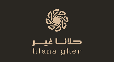 The image shows a logo with the name "HLANA GHER  " written in gold letters.The background is black
