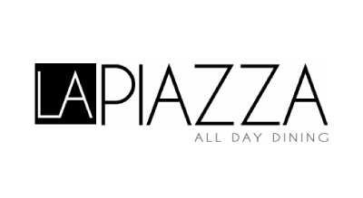 The image shows a logo with the name "La Piazza" written in black letters. The background is white