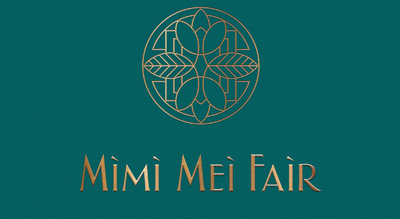 the image shows name brand MiMi Mei Fair Restaurant Dubai  in gold ,and the background is green