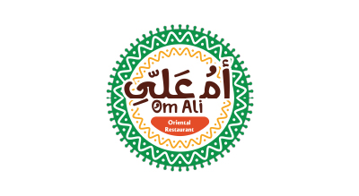 The image shows the logo of a restaurant called "Om Ali." The design features traditional oriental patterns in green, orange, and white. The name "Om Ali" is written in both Arabic (أم علي) and English
