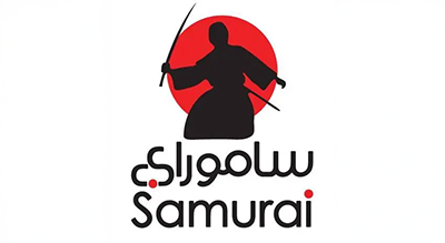 the image shows name brand Samurai Restaurant in balck and red ,and the background is white