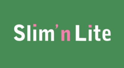 The image shows the Slim N' Lite logo. The text is in white and pink, and the background is green