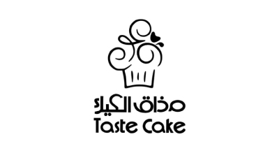 الصورة عبارة عن شعار  "Taste Cake "  مكتوبة باللون الاسود مع خلفيه ابيض