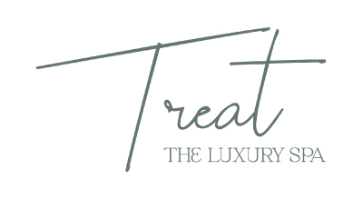 الصورة عبارة عن شعار "Treat Luxury Spa  " مكتوبة باللون الاخضر مع خلفيه بيضاء