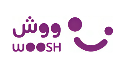 smile face and the brand name Woosh in english and in arabic (ووش) in purble color