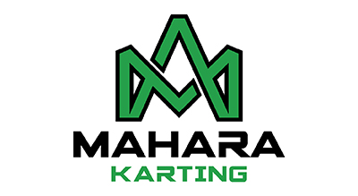 This logo represents a karting brand or venue named "Mahara Karting." The design is sleek and modern, using green and black colors, with an "M" symbol that could signify speed, motion, or a stylized track.