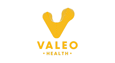 This is a logo for "Valeo Health," a brand likely associated with wellness or healthcare. The logo features a modern, abstract yellow "V" symbol above the brand name,
