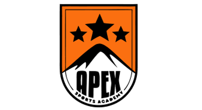 The image shows a logo with the name "Apex sports academy   " written in black letters.The background is white