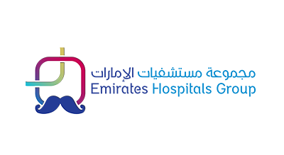 The image shows a logo with the name "Emirates Hospital Specialty  " written in blue letters.The background is white