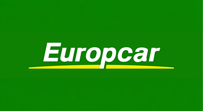 The image shows a logo with the name "Europcar " written in white letters.The background is green