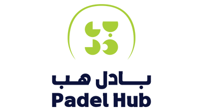 The image shows a logo with the name "PADEL HUB  " written in black  letters.The background is white