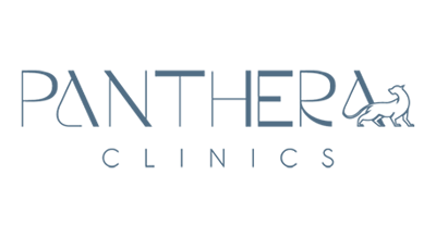 The image shows a logo with the name "PANTHERA CLINICS  " written in blue  letters.The background is white
