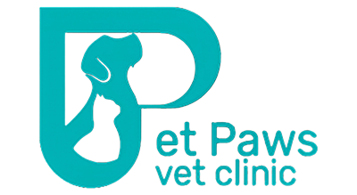 The image shows a logo with the name "Pet Paws Vet Clinic " written in bule letters.The background is white
