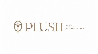 The image shows a logo with the name "PLUSH NAIL BOUTIQUE" written in gold  letters.The background is white