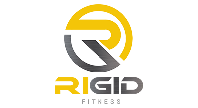 The image shows a logo with the name "Rigid Fitness " written in yellow and gray  letters.The background is white