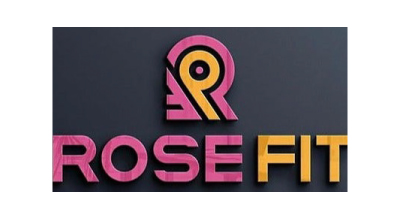 The image shows a logo with the name "Rosefit Gym" written in pink and orange letters.The background is black