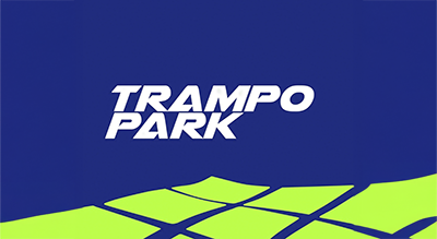 The image shows a logo with the name "Trampo Park " written in white letters.The background is blue