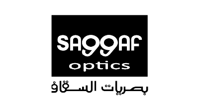 This is the logo for "Saggaf Optics", a business specializing in eyewear and optical services. The design includes both English and Arabic text, with a modern and clean look.