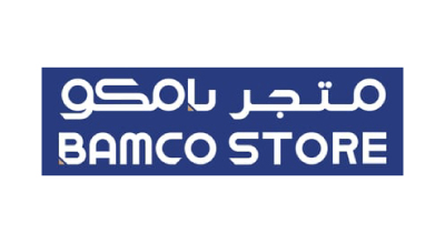 the image shows the brand name "Bamco " in white colors with a blue background 