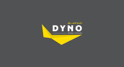 The image shows a logo with the name "DYNO" written in white letters.The background is gray