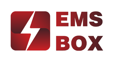 The image shows a logo with the name "EMS Box " written in red letters. The background is white