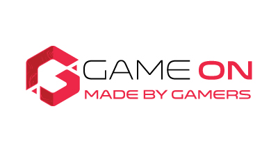 The image shows a logo with the name "Game On " written in black and red letters.The background is white