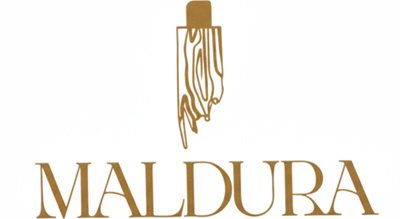 The image shows a brand name  Maldura in gold with a white  background