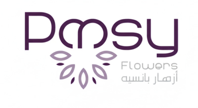 The image shows a brand name PANSY FLOWERS  in purple with a white  background