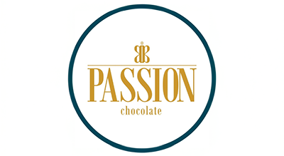 The image shows a logo with the name "PASSION CHOCOLATE" written in orange  letters.The background is white