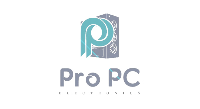 The image shows a logo with the name "Pro PC" written in blue letters.The background is white