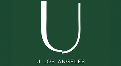 The image shows a logo with the name "U Los Angeles " written in white letters.The background is green
