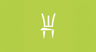The image shows a simple white icon on a green background, shaped like a chair drawn with thin lines.